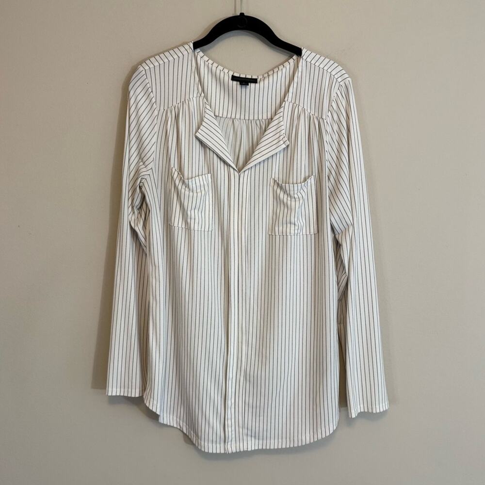 Worthington Women's White Black Striped Long Sleeve Spilt‎ V-Neck Blouse Size L